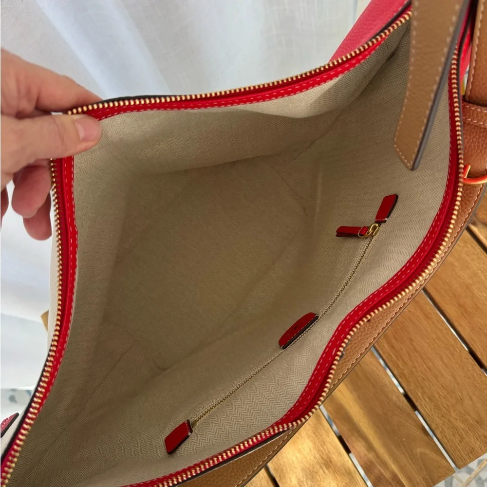 Tory Burch McGraw Colorblock Zip Bucket Bag Brilliant Red New Cream Leather Hobo